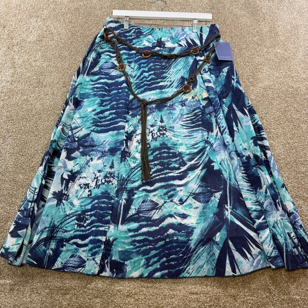 Laura Scott Womens L Blue Tropical Animal Print Belted Maxi Skirt Cotton NEW